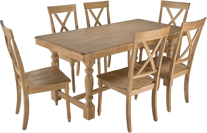 Bush Home Rectangular Dining Table Set for 6, with 67 inch Squire Trestle, Cross Back Dining Chairs, Farmhouse Decor, Sterling Collection, Light Brown and White