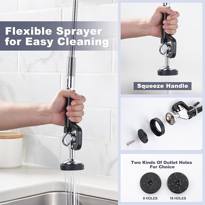47" Height Commercial Kitchen Sink Faucet with Pre-Rinse Sprayer, 8 Inch Wall Mount Center Sink Faucet with Pull Down Spray Unit, Compartment Sink Faucet with 10" Swivel Spout for Restaurant