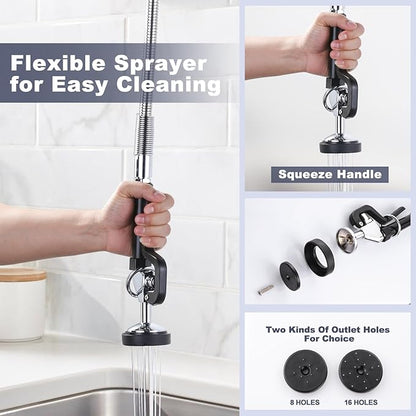 47" Height Commercial Kitchen Sink Faucet with Pre-Rinse Sprayer, 8 Inch Wall Mount Center Sink Faucet with Pull Down Spray Unit, Compartment Sink Faucet with 10" Swivel Spout for Restaurant