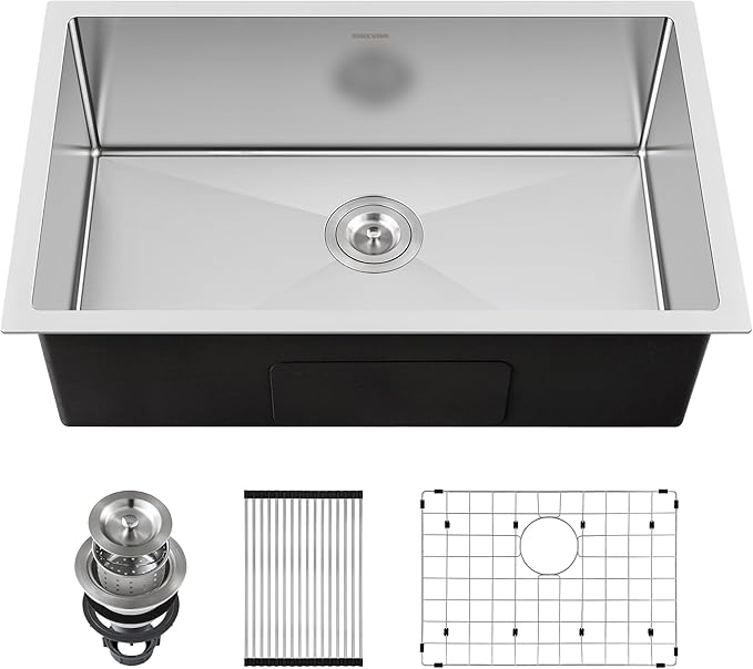 33-inch Undermount Kitchen Sink - SINKVINE Single Bowl Stainless Steel Kitchen Sink, Large Size Handmade Basin with 3.5-inch Drain Strainer, Bottom Grid Protector, Roll-up Drying Unit, 33" x 19" x 9"