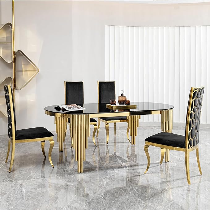Luxury Modern 70" Oval Black Dining Table with Tempered Glass Top and Gold Stainless Steel Base – Elegant Dining Room Furniture