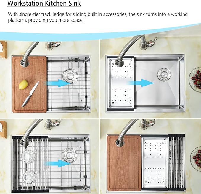 25 inch Undermount Kitchen Sink Workstation 16 Gauge Stainless Steel Single Bowl Kitchen Sink with Offset Drain