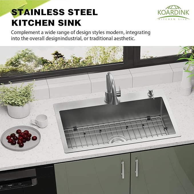 Kitchen And Bar Sink, 27x18 Inch Stainless Steel Drop In Modern Single Bowl Topmount Kitchen And Bar Sink Combo-SS Grid,Spoon Rest,Drain Strainer Set Compatibility With Various Kitchen&Bar Style
