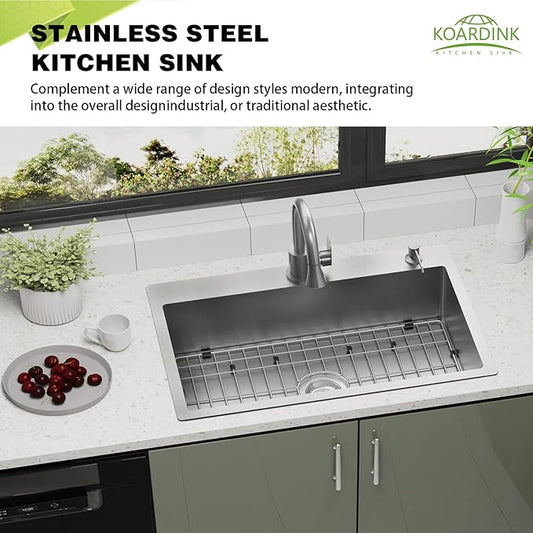 Kitchen And Bar Sink, 27x18 Inch Stainless Steel Drop In Modern Single Bowl Topmount Kitchen And Bar Sink Combo-SS Grid,Spoon Rest,Drain Strainer Set Compatibility With Various Kitchen&Bar Style