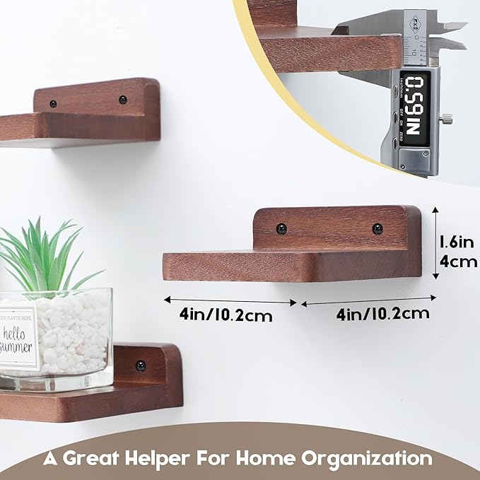 Small Floating Shelf, 4x4 Inch Display Ledges for Wall,Mini Shelves,Rustic Wood Shelf for Bedroom Living Room Bathroom Kitchen (4, Light Walnut)