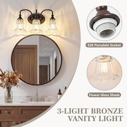 3-Light Bathroom Light Fixtures Vintage Oil Rubbed Bronze Vanity Lights Over Mirror with Floral Glass Shade for Bathroom Powder Room, Living Room Hallway
