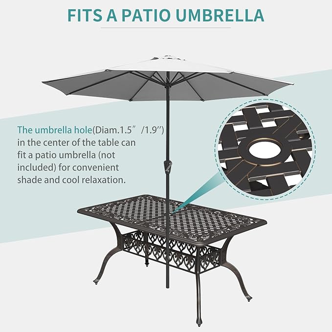 GarveeLife Cast Aluminum Outdoor Dining Table, 59 in Patio Dining Table with 2 in Umbrella Hole and Adjustable Foot Pads for Garden, Backyard, Deck, Dark Bronze
