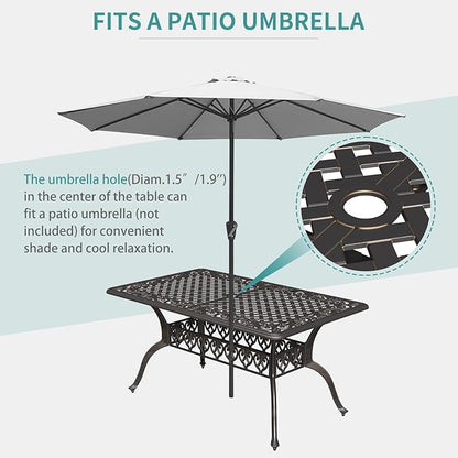 GarveeLife Cast Aluminum Outdoor Dining Table, 59 in Patio Dining Table with 2 in Umbrella Hole and Adjustable Foot Pads for Garden, Backyard, Deck, Dark Bronze