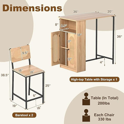 COSTWAY 3-Pcs Kitchen Table & Chairs Set, High Top Bar Table with 2 Stools, Storage, Adjustable Shelf, Metal Frame, Counter Height Dining Room Set for 2, Boho Rattan Table Set for Living Room, Study