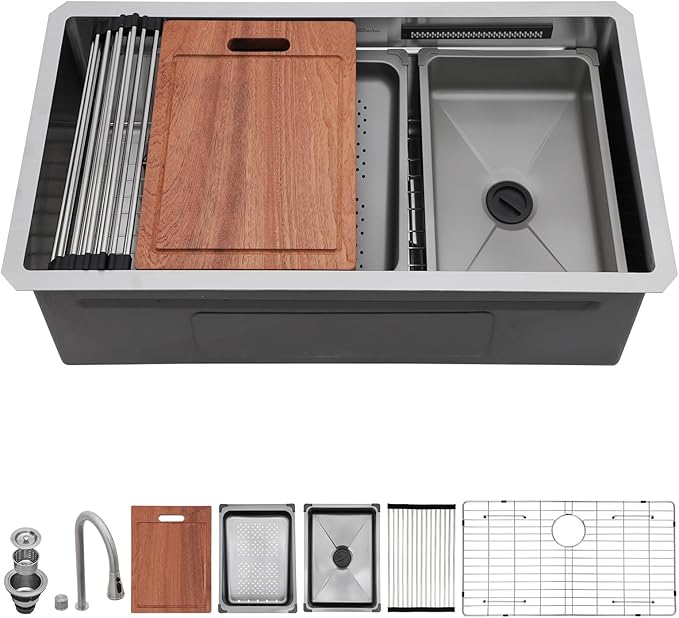 Sarlai 33 Inch Waterfall Kitchen Sink - Undermount Kitchen Sink With Waterfall Ledge Workstation Stainless Steel 16 Gauge Multifunction Single Bowl Under Mount Sinks Basin with Faucet