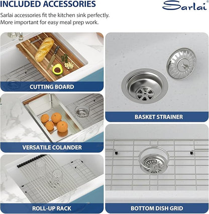 Sarlai 28 Granite Composite Kitchen Sink - 28 x 19 Inch Granite Undermount Kitchen Sink Ledge Workstation Under-Mount White Quartz Classic Single Bowl Sinks Under Counter Basin With Accessories