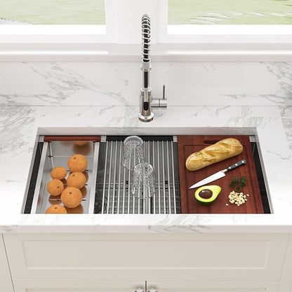 33 Undermount Double Kitchen Sink - Sarlai 33 Inch Kitchen Sink Stainless Steel 16 Gauge Undermount Ledge Workstation Double Basin 50/50 Low Divide Under Counter Sinks Basin
