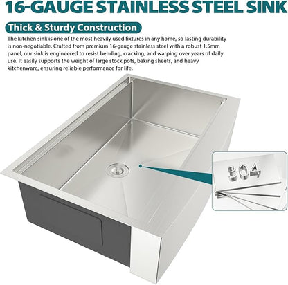 33 Farmhouse Kitchen Sink - 33x22 Inch Apron Front Farm Workstation Sink 16 Gauge Stainless Steel Single Bowl Deep Basin with Sliding Accessories