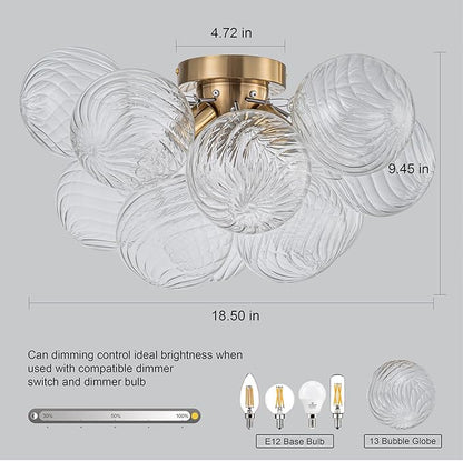 GoYeel Semi Flush Chandelier Gold, Modern Light Fixtures Ceiling Mount Lighting Pendant 3 Light Dining Chandeliers Over Table Glass 18.5" 13 Clear Swirled Globe for Foyer Bedroom Kitchen