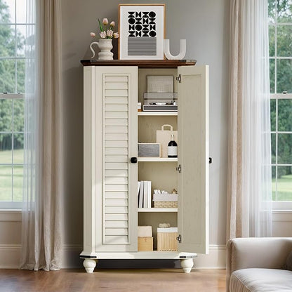 DWVO 4-Tier Storage Cabinet, 45.2" Farmhouse Kitchen Pantry Cabinet wth 2 Shutters-Doors & Adjustable Shelves, Wooden Tool Cabinet for Dining Room, Bathroom, Living Room, Laundry Room, Office, White
