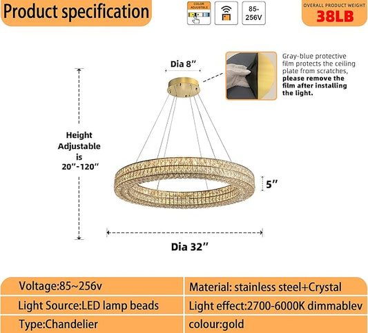 Led 32in Gold Ring Chandelier, Modern Crystal Chandelier Lighting Hanging Ring Adjustable,Round Crystal Ceiling Light Fixture for Living Room Dining Room Bedroom
