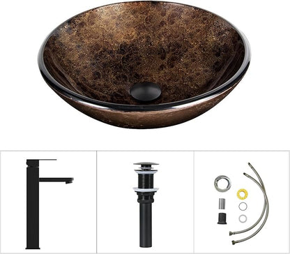 Bathroom Artistic Vessel Sink, Tempered Glass Vanity Round Bowl with Black Faucet and Pop up drain Set, Brown