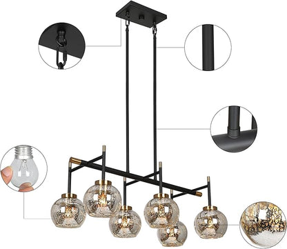KSANA Dining Room Light Fixture, Modern Metal Black Gold Chandelier for Kitchen Island with Mercury Glass Shades, 27.5"