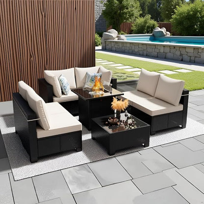 8 Piece Patio Furniture Set with Fire Pit Table, Wicker Outdoor Sectional Sofa Set, Conversation Sets with Comfy, High-Resilience Foam Anti-Slip Cushions for Backyard, Garden, Deck(Brown/Beige)