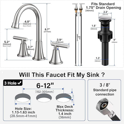 Bathroom Faucets for Sink 3 Hole, Hurran Brushed Nickel Bathroom Sink Faucet with Pop-up Drain and Supply Lines, Stainless Steel Lead-Free Widespread Faucet for Vanity RV, 2 Pack