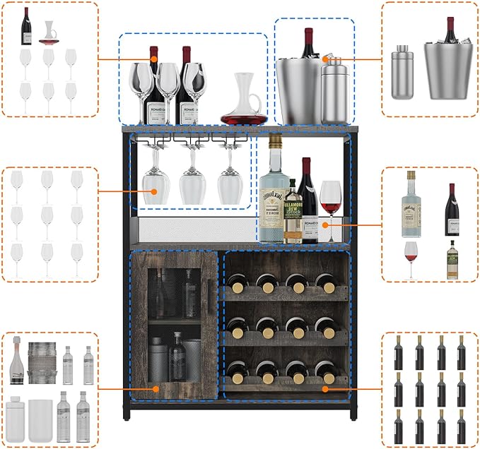 GAOMON Coffee Wine Bar Cabinet with Storage and Detachable Rack, Farmhouse Sideboard and Buffet Cabinet with Glass Holder and Mesh Door, Liquor Coffee Bar Cupboard, Dark Wood