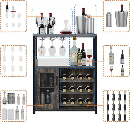 GAOMON Coffee Wine Bar Cabinet with Storage and Detachable Rack, Farmhouse Sideboard and Buffet Cabinet with Glass Holder and Mesh Door, Liquor Coffee Bar Cupboard, Dark Wood