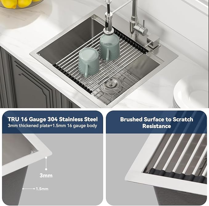 Lordear Drop in Kitchen Bar Sink 21x20x9 Inch Workstation 16 Gauge Stainless Steel Single Bowl Topmount Over Counter for Wet Bar/Prep/Small Kitchen with Cutting Board