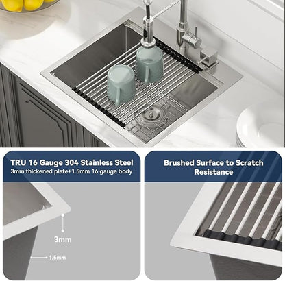 Lordear Drop in Kitchen Bar Sink 21x20x9 Inch Workstation 16 Gauge Stainless Steel Single Bowl Topmount Over Counter for Wet Bar/Prep/Small Kitchen with Cutting Board