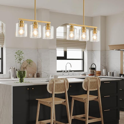3-Light Gold Kitchen Island Lighting, Gold Pendant Light Fixture, Farmhouse Dining Room Light Fixtures Over Table, Modern Hanging Light Fixtures with Clear Glass, E26 Base, Bulbs Not Included