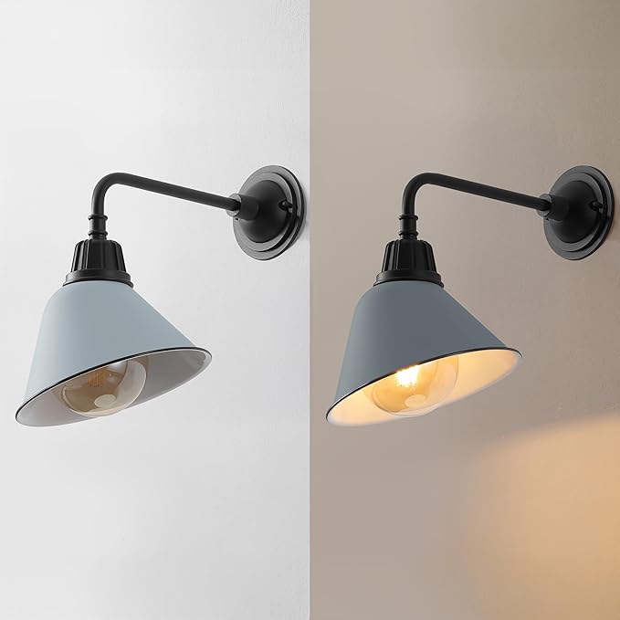 JONATHAN Y 9.63" Matte Silver Blue/Black Farmhouse Outdoor Sconce, Industrial LED Wall Light, Gooseneck Arm Barn Lamp with Metal Bell Shade for Porch, Patio, Kitchen, LED Bulb Included (JYL7612K)