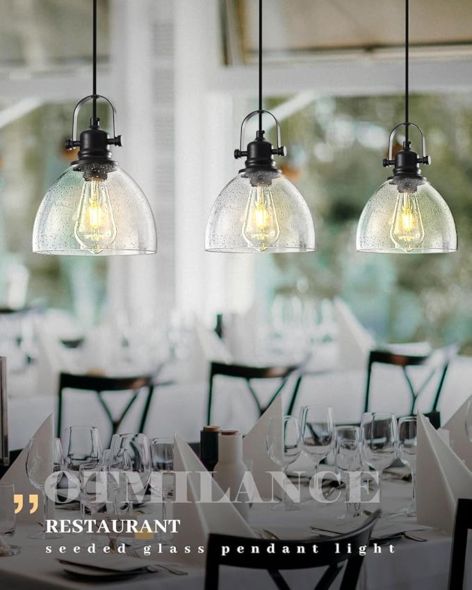 Black Pendant Lights Kitchen Island 2 Pack, 7.5" Seeded Glass Pendant Lights, Vintage Industrial Pendant Light Kitchen Island, Farmhouse Pendant Lighting for Kitchen, Dining Room, Bar, Cafe