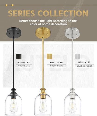 AUTELO Brushed Nickel Pendant Lights, 1-Light Kitchen Pendant Lighting with Clear Cylinder Glass, Modern Pendant Lights Kitchen Island with Adjustable Rods, H2511 CLST