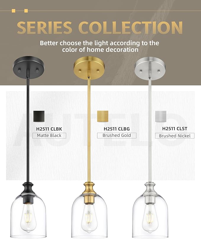 AUTELO 2 Pack Brushed Nickel Pendant Lights, Glass Pendant Lights Kitchen Island with Clear Cylinder Glass, Industrial Pendant Lighting with Adjustable Rods, H2511 CLST 2PK