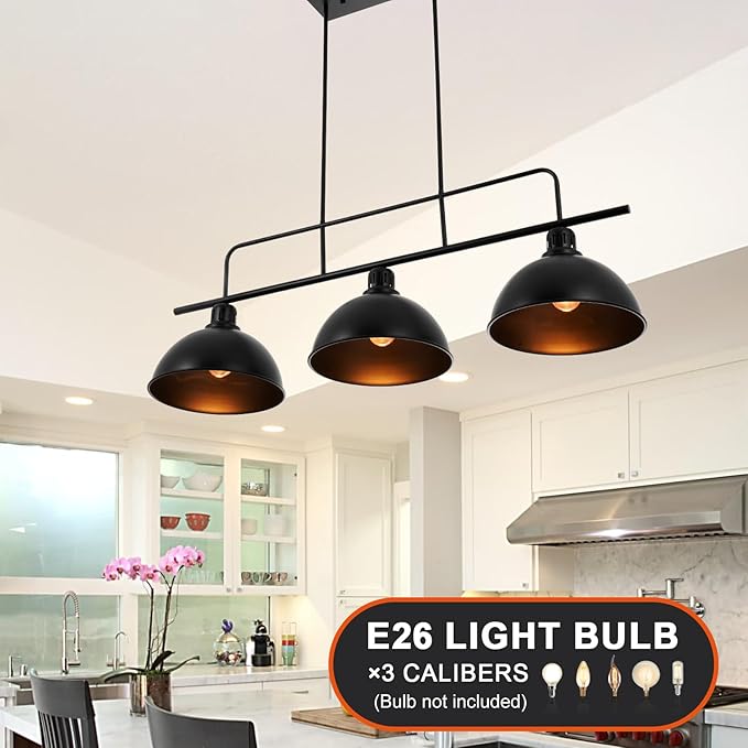A Million 3-Light Kitchen Island Pendant Light Fixture, Farmhouse Linear Hanging Lighting, Industrial Chandelier with Black Finish for Kitchen, Bar, Dining Room, Pool Table, 2300217001