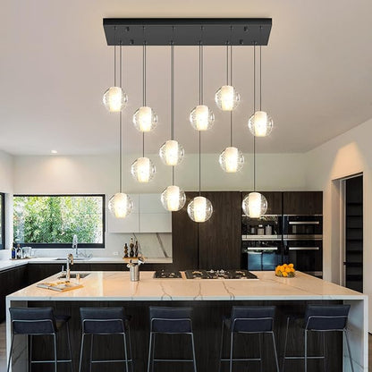 HAIXIANG Rectangular Chandelier with LED Light Bulbs Bubble Crystal Glam Chandeliers for Dining Room High Ceiling Pendant Lighting Fixtures Interior Living Room Lighting Black