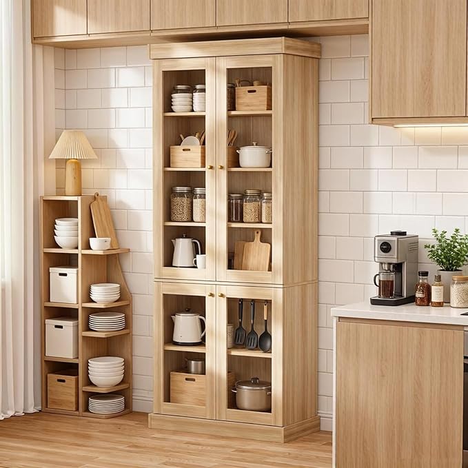 70.8" Farmhouse Kitchen Pantry Cabinet with Glass Doors, Modular Storage Cabinet with 6-Tier Adjustable Shelves, Large Storage Cabinet for Kitchen or Living Room, Brown