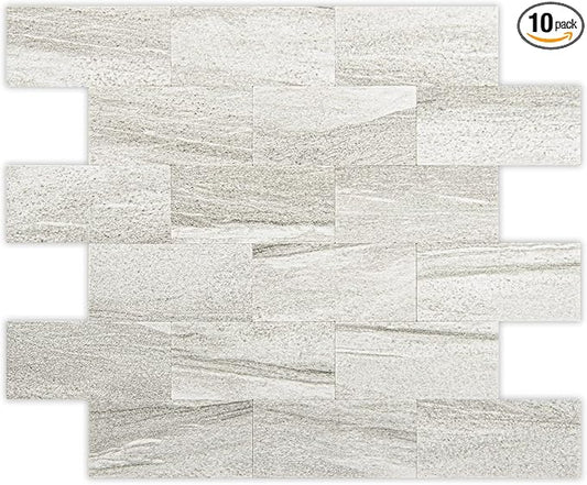 Art3d 10-Pack Peel and Stick Wall Tile for Backsplash, Stick on Stone Tile for Kitchen Bathroom Fireplace Vanitity in Biege Marble