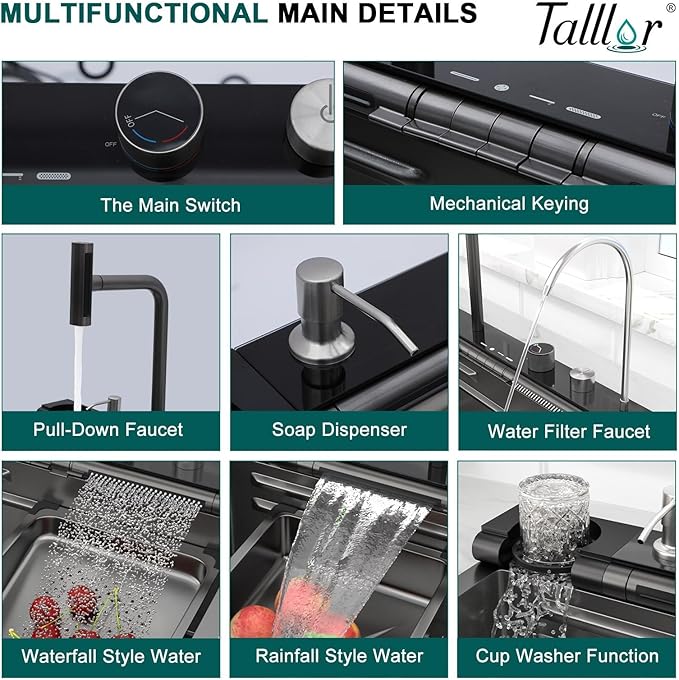 Smart Waterfall Kitchen Sink 30" Drop-In Single Bowl 16 Gauge 304 Stainless Steel Workstation Sink with Mechanical Control Panel & Pull-Down Faucet, Gunmetal Black for Decoration or Renovation