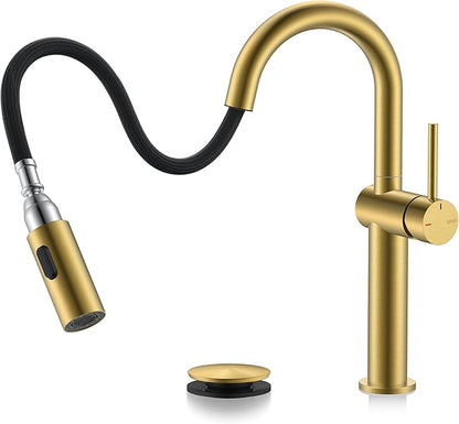 KENES Brushed Gold Tall Bathroom Faucets with Pull Down Sprayer, High Vessel Sink Faucet with Pull Out Sprayer, Single Handle Vanity Faucet 1 Hole with Pop Up Drain & Supply Lines, LJ-9065A-4