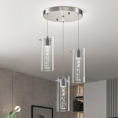 Pendant Lights Kitchen Island, 3-Light Brushed Nickel Pendant Light Fixtures, Cluster Kitchen Island Lights, LED 6000K Pendant Lighting, Modern Hanging Light Fixture for Dining Room Living Room