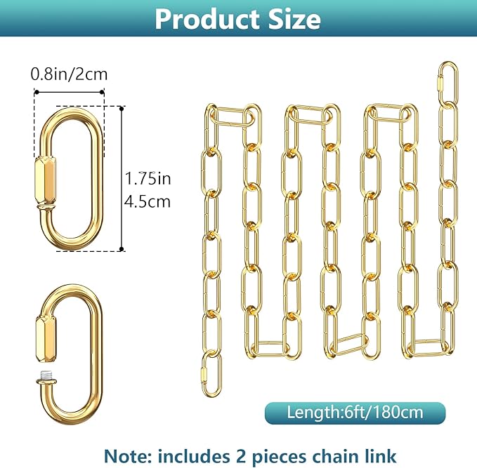 garini 6 Feet Gold Light Fixture Chain 6 Feet, Adjustable Metal Pendant Chandelier Chain Extension with Detachable Link, Maximum Load is 66 Pounds, 2 Pcs
