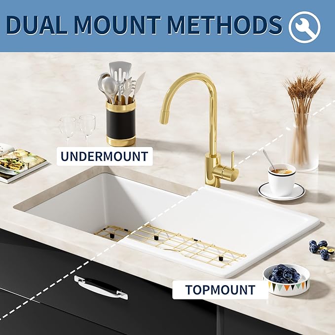 White Bar Sink, 13 Inch Undermount Quartz Stone Kitchen Sink, 13'' x 15'' White Granite Composite Kitchen Sinks With Gold Sink Drain Assembly and Gold Sink Bottom Grid