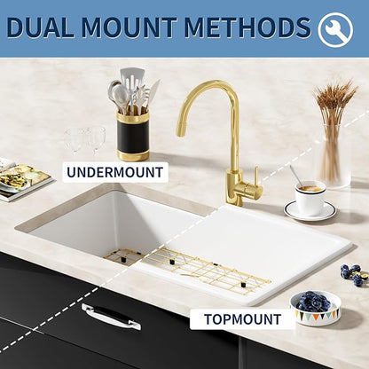 White Bar Sink, 13 Inch Undermount Quartz Stone Kitchen Sink, 13'' x 15'' White Granite Composite Kitchen Sinks With Gold Sink Drain Assembly and Gold Sink Bottom Grid