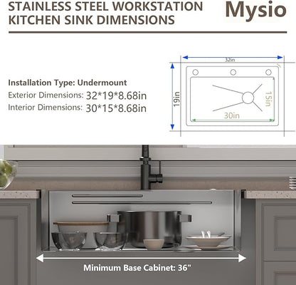 32 x 19 inch Kitchen Sink, Single Bowl Stainless Steel Gunmetal Black Topmount Multifunctional Drop In Sink with Pull-Down Faucet (Black, 3219)