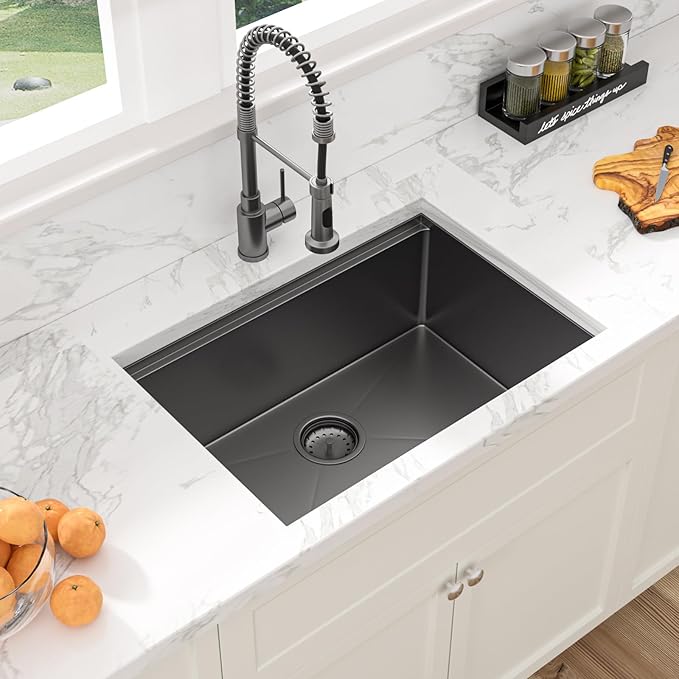 Sarlai 27 Undermount Kitchen Sink Black Stainless Steel - 27x19 Gunmetal Black Stainless Steel Kitchen Sink Undermount Workstataion 16 Guage Single Bowl Deep Sink for Kitchens