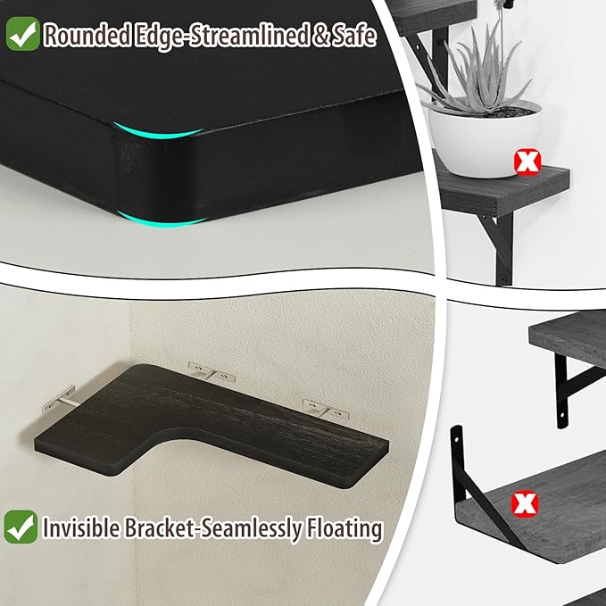 SAUMONIERES Corner Floating Shelves 24 Inch Wall Mount Shelf Solid Wood for Bedroom Bathroom Kitchen Storage Set of 2, Black