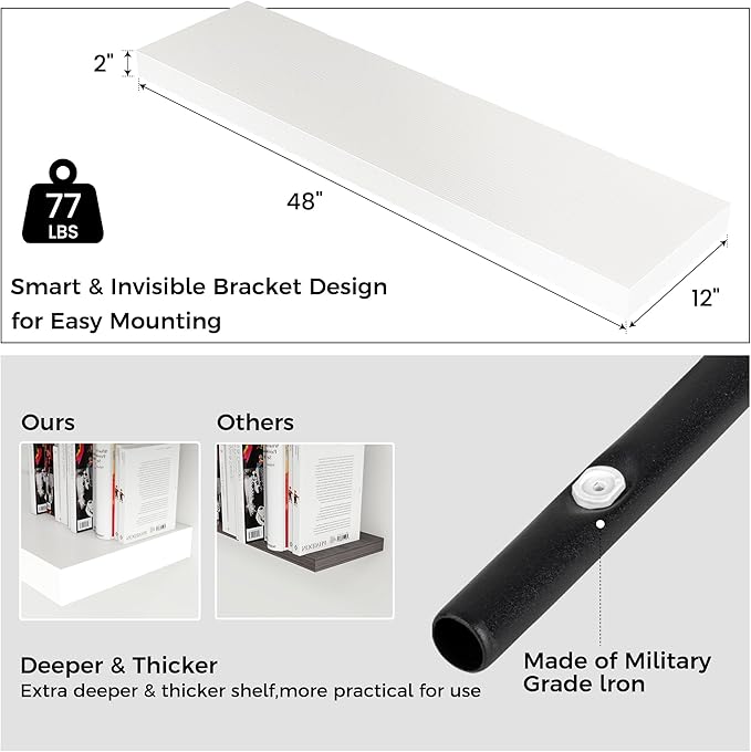Venusmiles Floating Shelves for Wall, 48" W x 12" D x 2" H, 2 Pack of Long Wall Mounted Engineered Wood Shelves with Invisible Brackets for Living Room, Bedroom, Bathroom, Kitchen Decor, White
