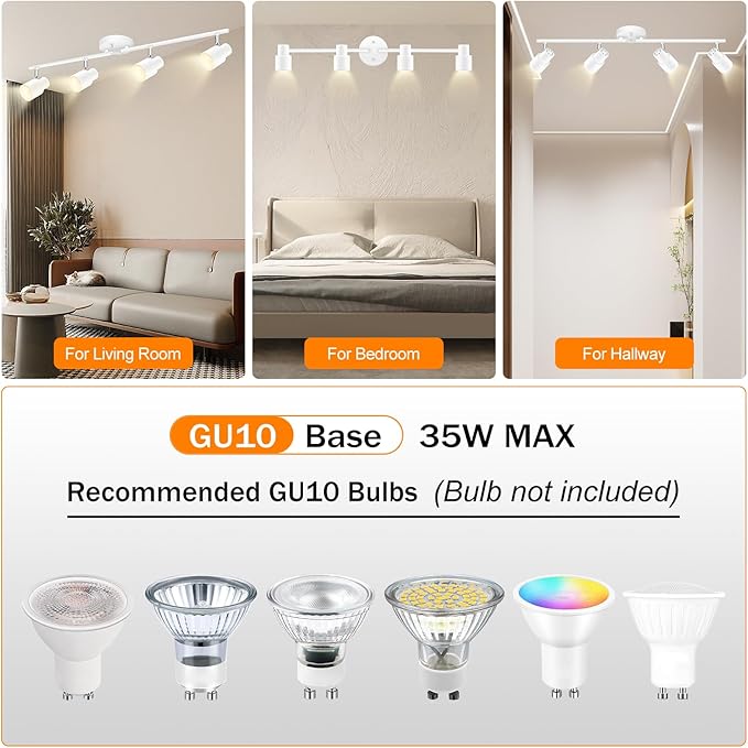 BoostArea LED 4 Light Track Lighting Kit,4 Way Modern Ceiling Lighting, Flexibly Rotatable Industrial Spot Light Head for Kitchen, Living Room, Bedroom, White,GU10 Bulb Not Included