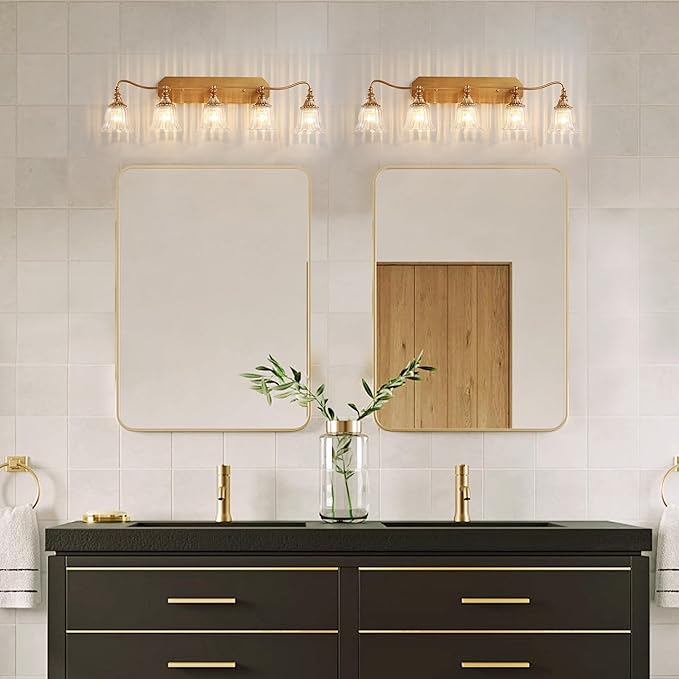 LmnLvn Bathroom Vanity Gold Light Fixture, 5 Lights Bathroom Lighting Matte Antique Brass Finish with Crystal Glass Shade, Gold Vintage Vanity Light for Bathrooms