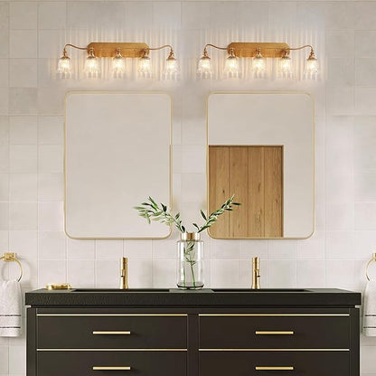 LmnLvn Bathroom Vanity Gold Light Fixture, 5 Lights Bathroom Lighting Matte Antique Brass Finish with Crystal Glass Shade, Gold Vintage Vanity Light for Bathrooms
